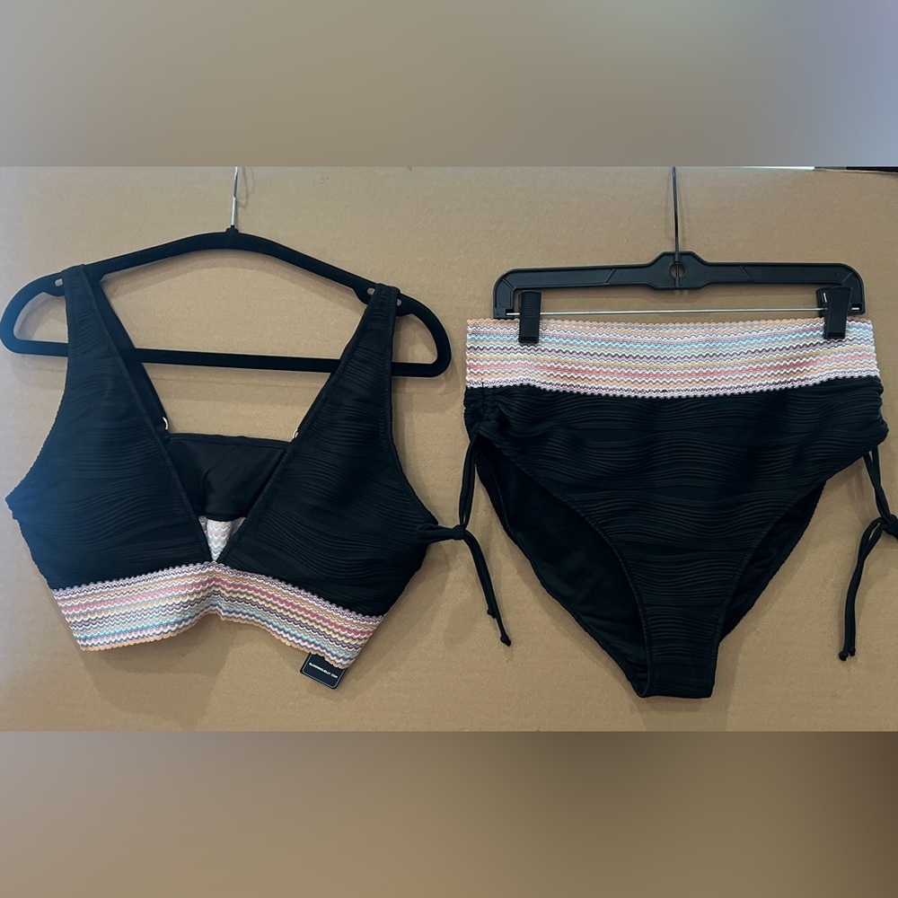 Black Textured Tankini with Pastel Waistband
